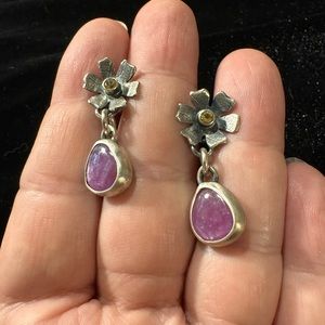 Hand crafted artisan sterling silver floral earrings with Pink Sapphire